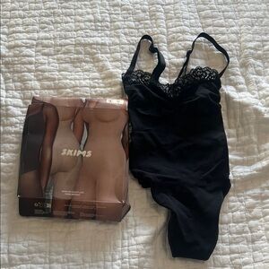 SKIMS Black Lace Trim Bodysuit